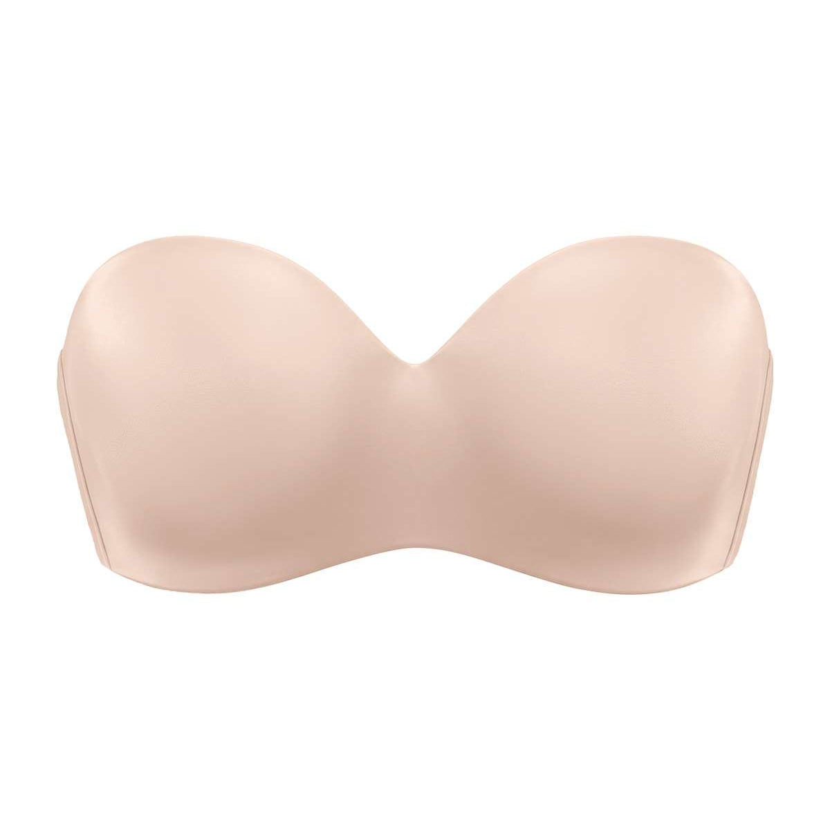 3D detailed view of the almond skin Breya supportive silicone-free strapless bra, showcasing the moisture-wicking stretch cotton cups and advanced anti-slip construction.