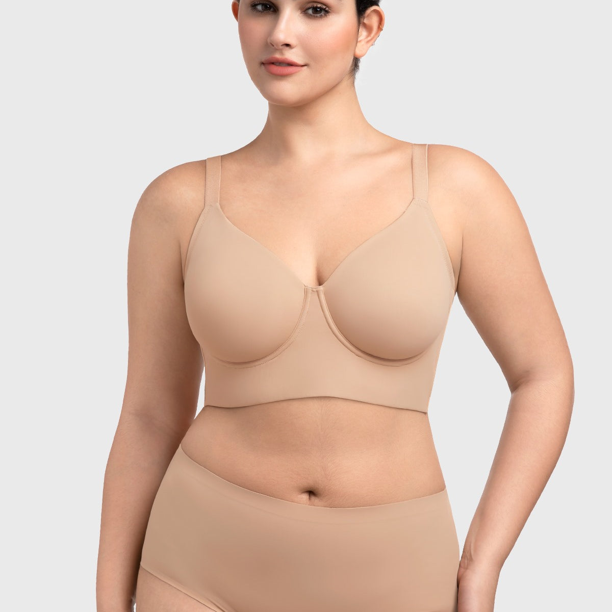 Front view of the light nude seamless T-shirt bra, designed to disappear effortlessly under tight clothing