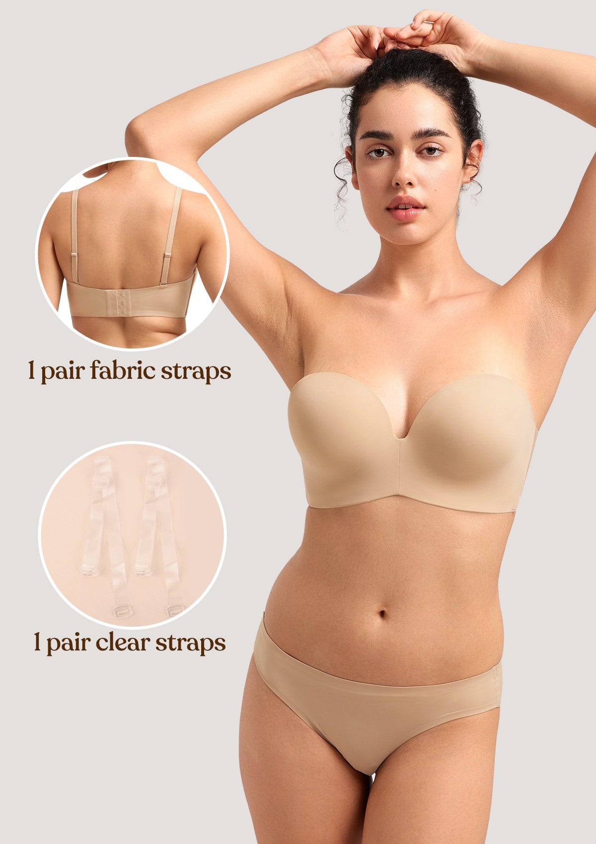 Accessories for the nude seamless bra, including one pair of matching fabric straps and one pair of invisible clear straps for versatile styling.
