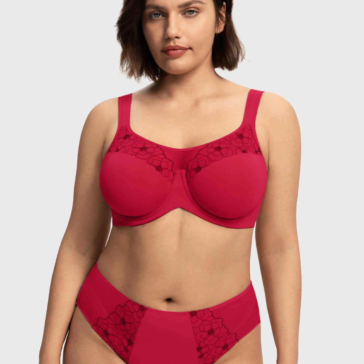 Front view of the stunning red romantic embroidered full coverage bra, delivering breathtaking beauty and secure lift for heavy breasts.