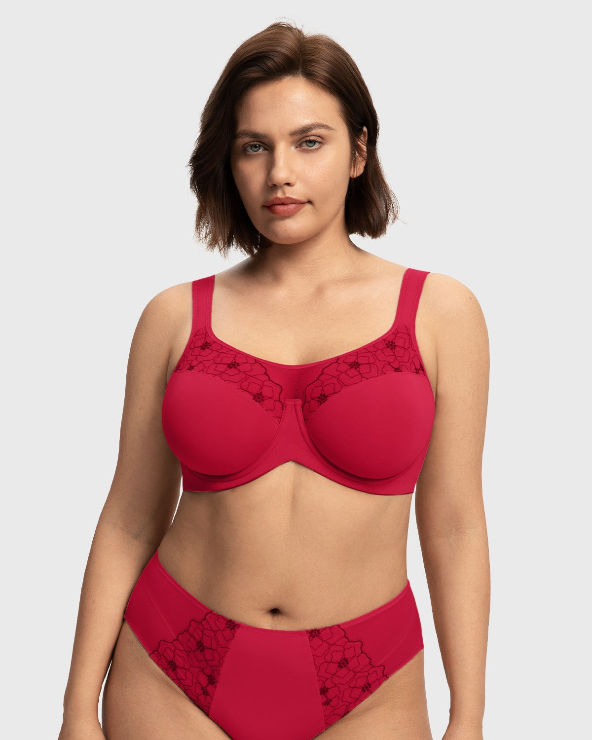 Front view of the stunning red romantic embroidered full coverage bra, delivering breathtaking beauty and secure lift for heavy breasts.