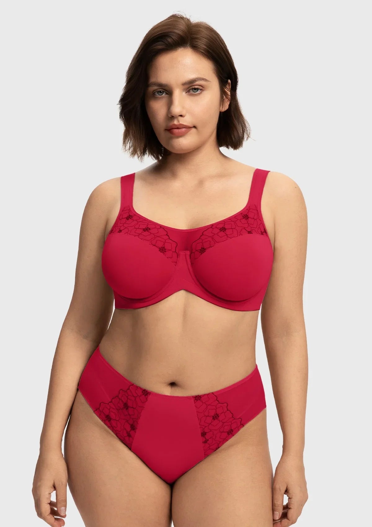 Front view of the stunning red romantic embroidered full coverage bra, delivering breathtaking beauty and secure lift for heavy breasts.