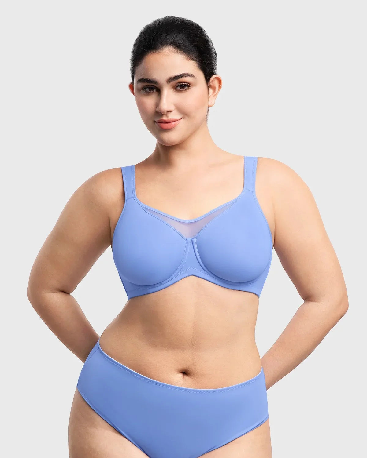 Front view of the sky blue smoothing unlined minimizer bra, expertly engineered to comfortably reduce your bust profile while keeping you cool.
