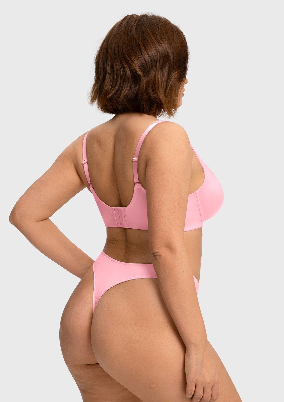 Rear view of the Victoria pink second-skin bra, featuring soft, highly elastic straps that stay perfectly in place all day.