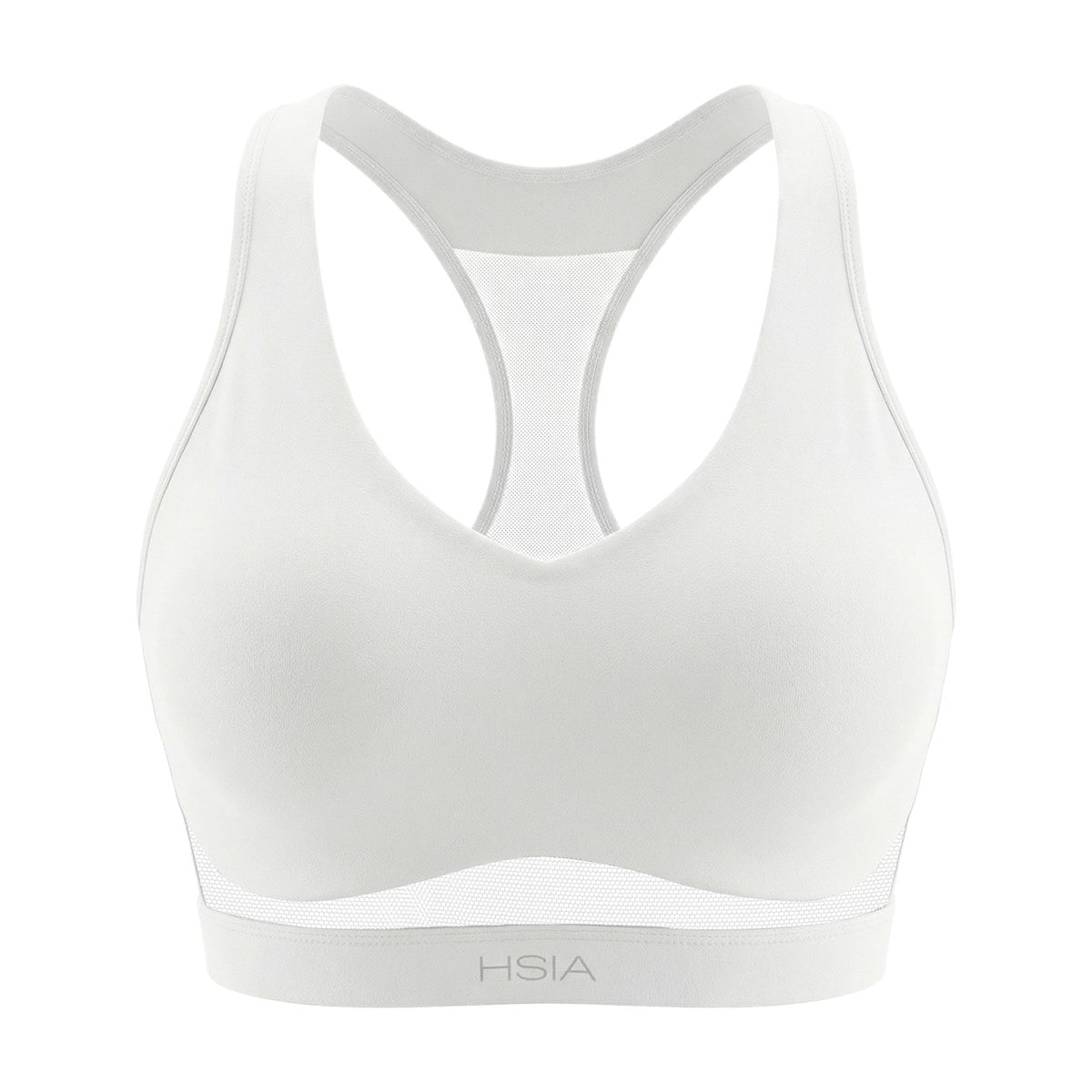 3D studio shot of the white Aura V-neck racerback sports bra FYT0224 showing full coverage design
