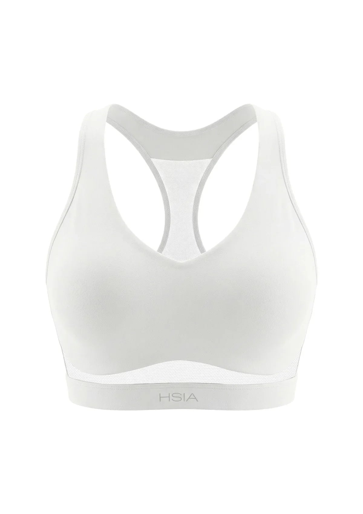 3D studio shot of the white Aura V-neck racerback sports bra FYT0224 showing full coverage design