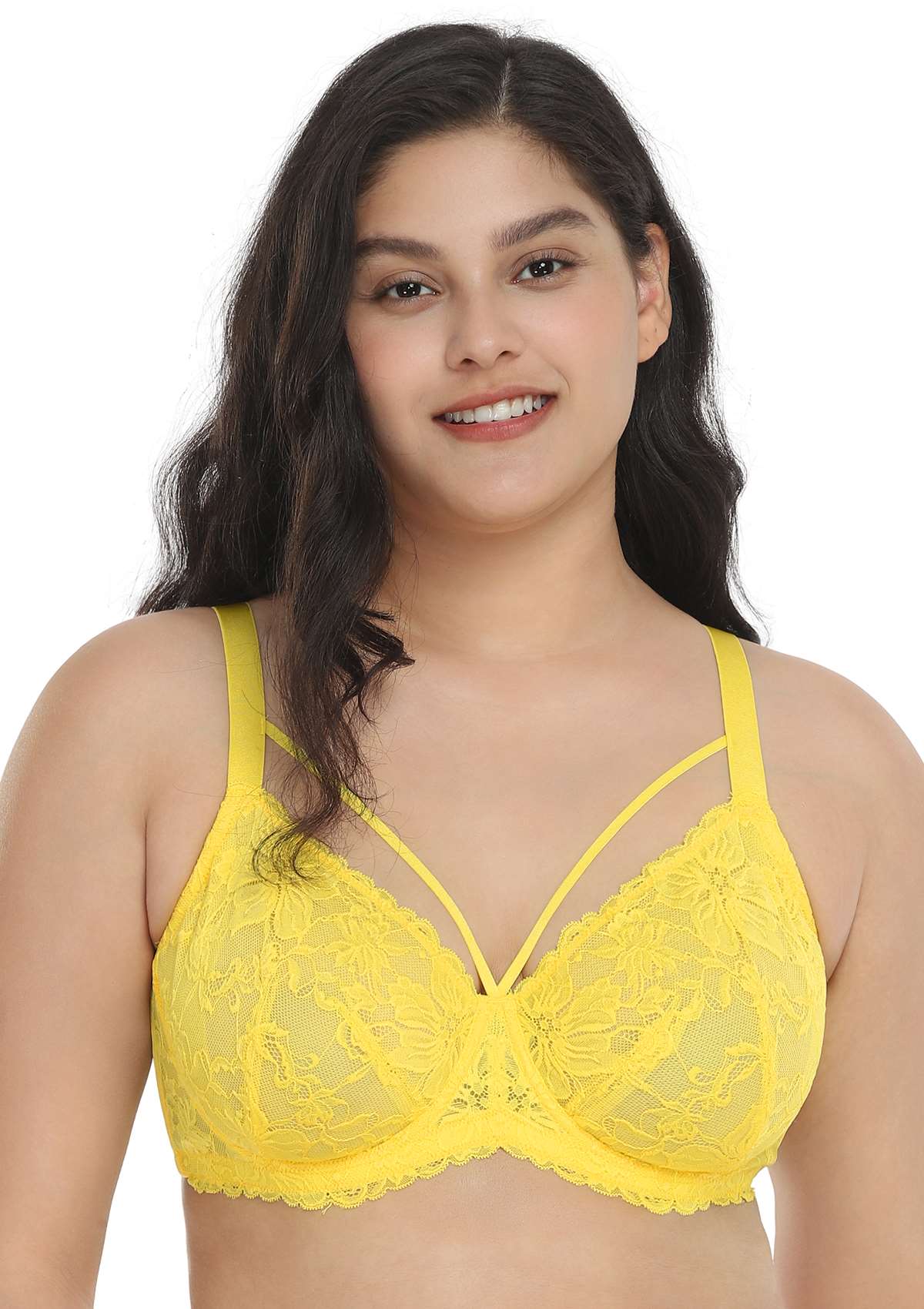 Pretty In Petals Bright Yellow Unlined Strappy Lace Bra - HSIA