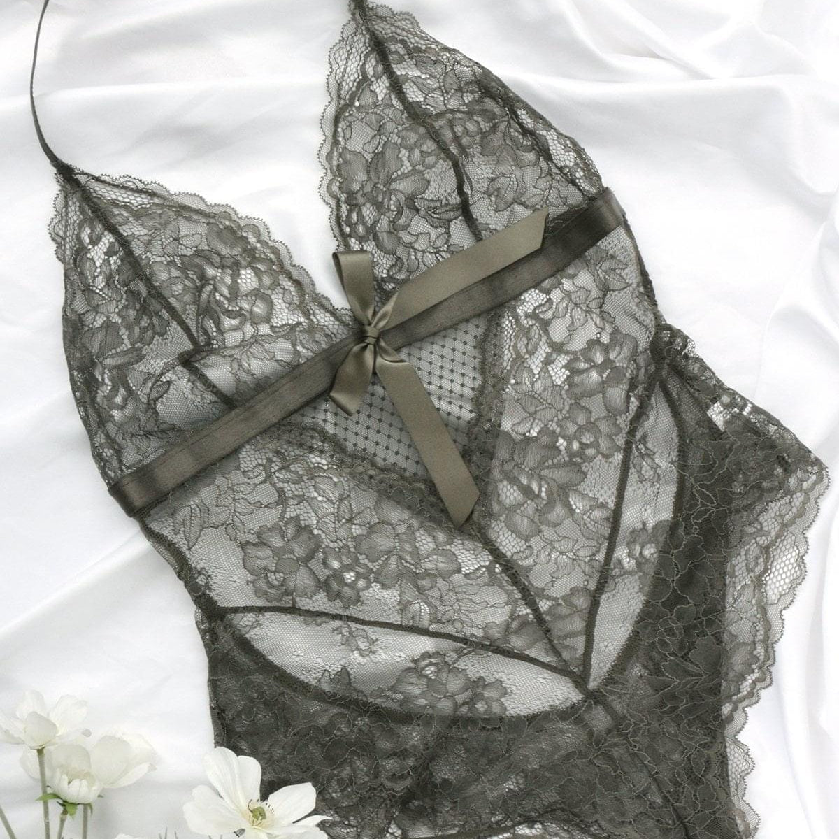 Deep V Lace Sheer Mesh Bodysuit Lingerie - HSIA