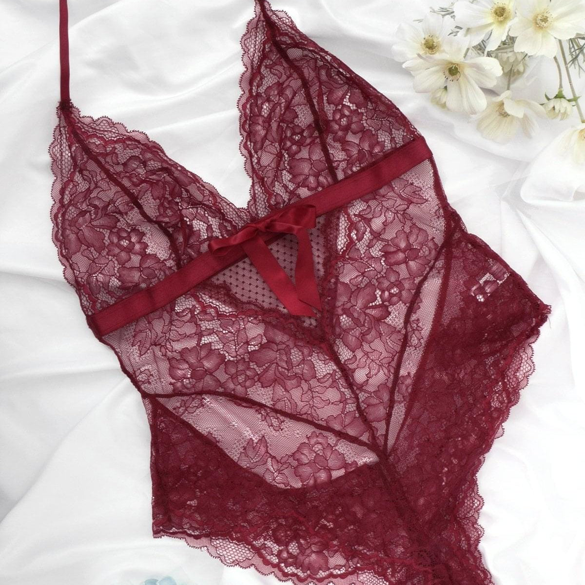 Deep V Lace Sheer Mesh Bodysuit Lingerie - HSIA