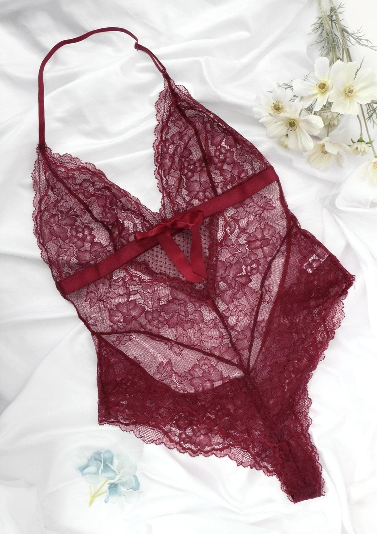 Deep V Lace Sheer Mesh Bodysuit Lingerie - HSIA