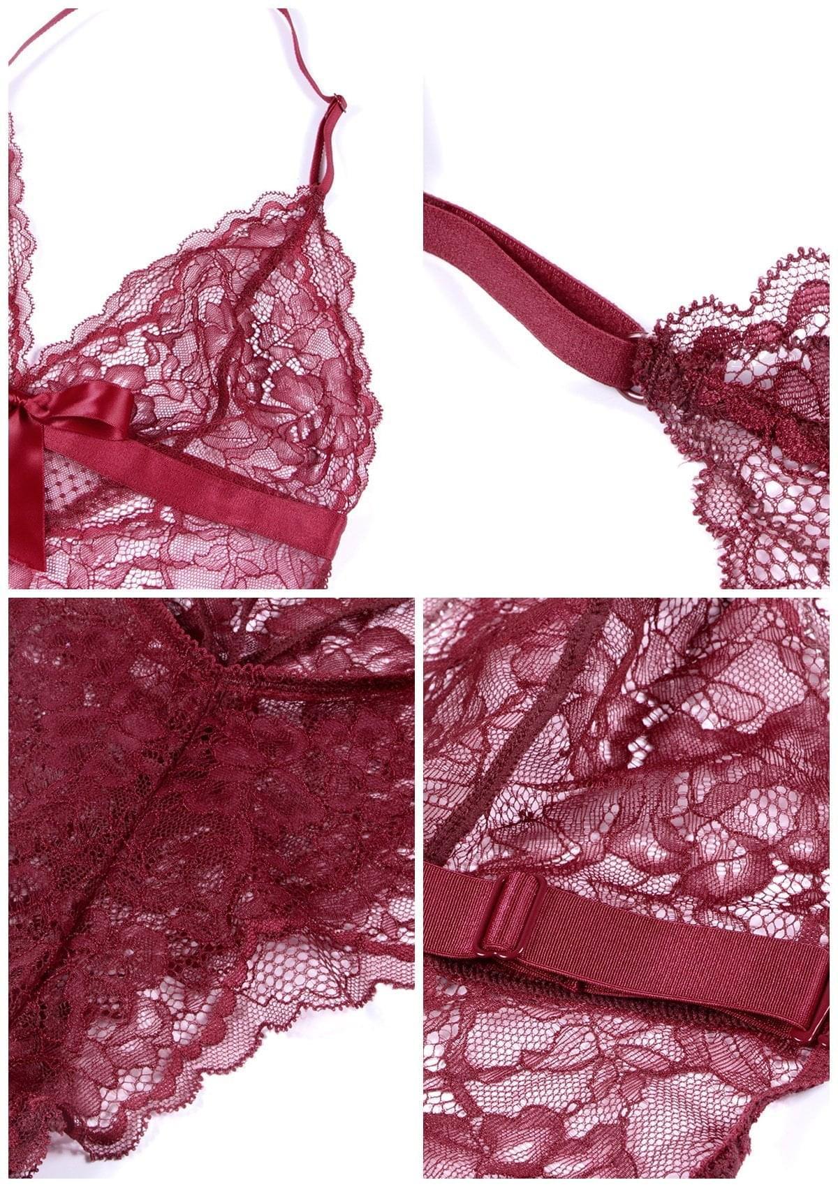 Deep V Lace Sheer Mesh Bodysuit Lingerie - HSIA