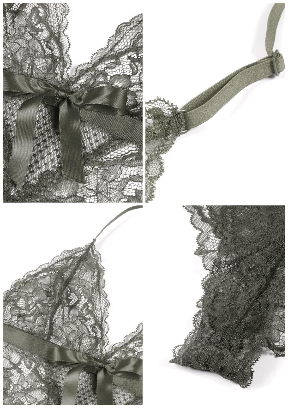 Deep V Lace Sheer Mesh Bodysuit Lingerie - HSIA