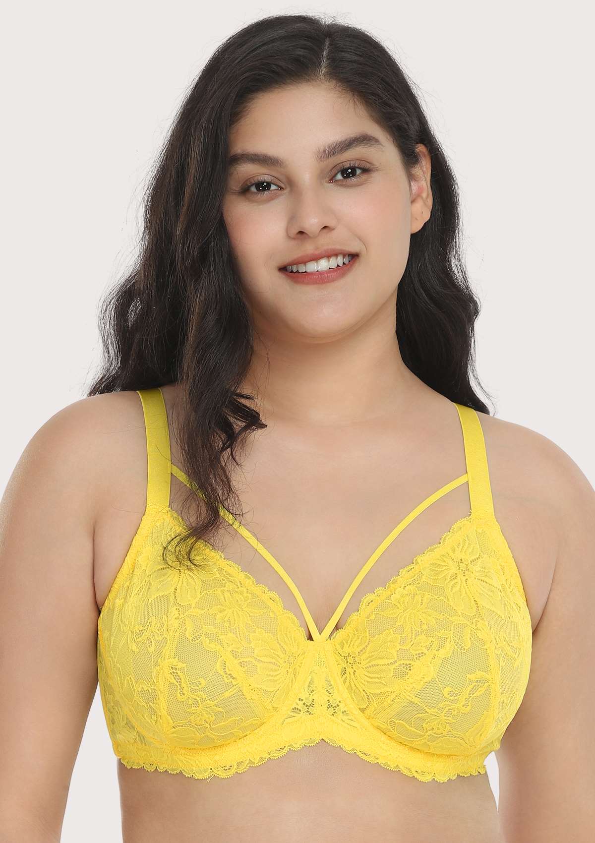 Pretty In Petals Bright Yellow Unlined Strappy Lace Bra - HSIA