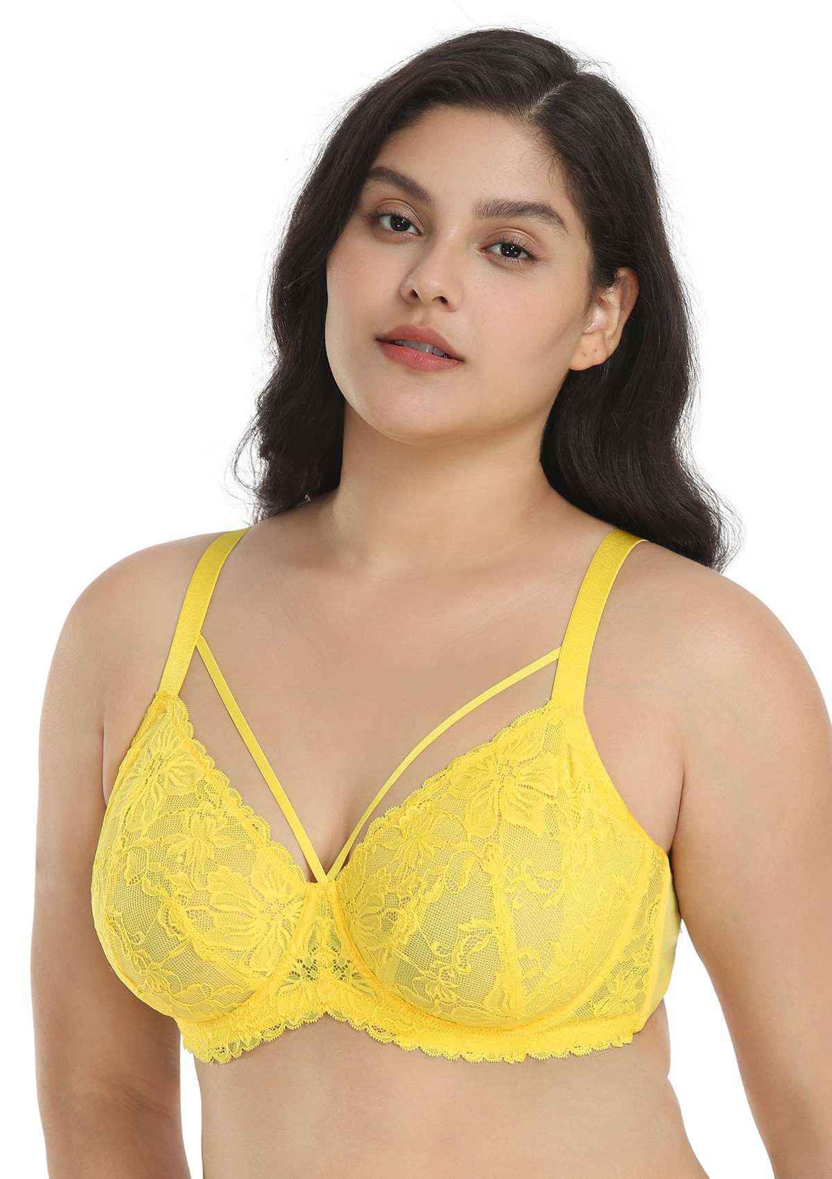 Pretty In Petals Bright Yellow Unlined Strappy Lace Bra - HSIA