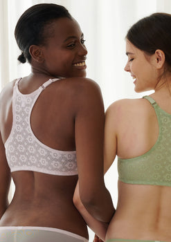 Serena front-close lace-back underwire bra in sage green, back view showing racerback eyelet lace design with adjustable straps