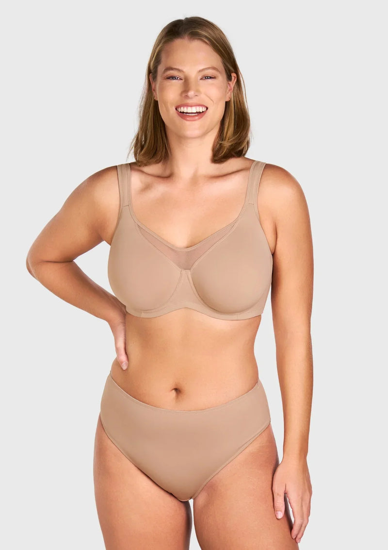 Model wearing the HSIA CoolComfort bra in a light neutral color