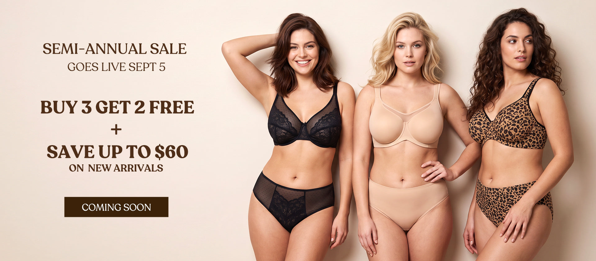 hsia Semi-Annual Sale key visual: three models wearing black lace, nude, and leopard print bra sets, announcing the September 5 launch with Buy 3 Get 2 Free and up to $60 off new arrivals. Coming Soon.