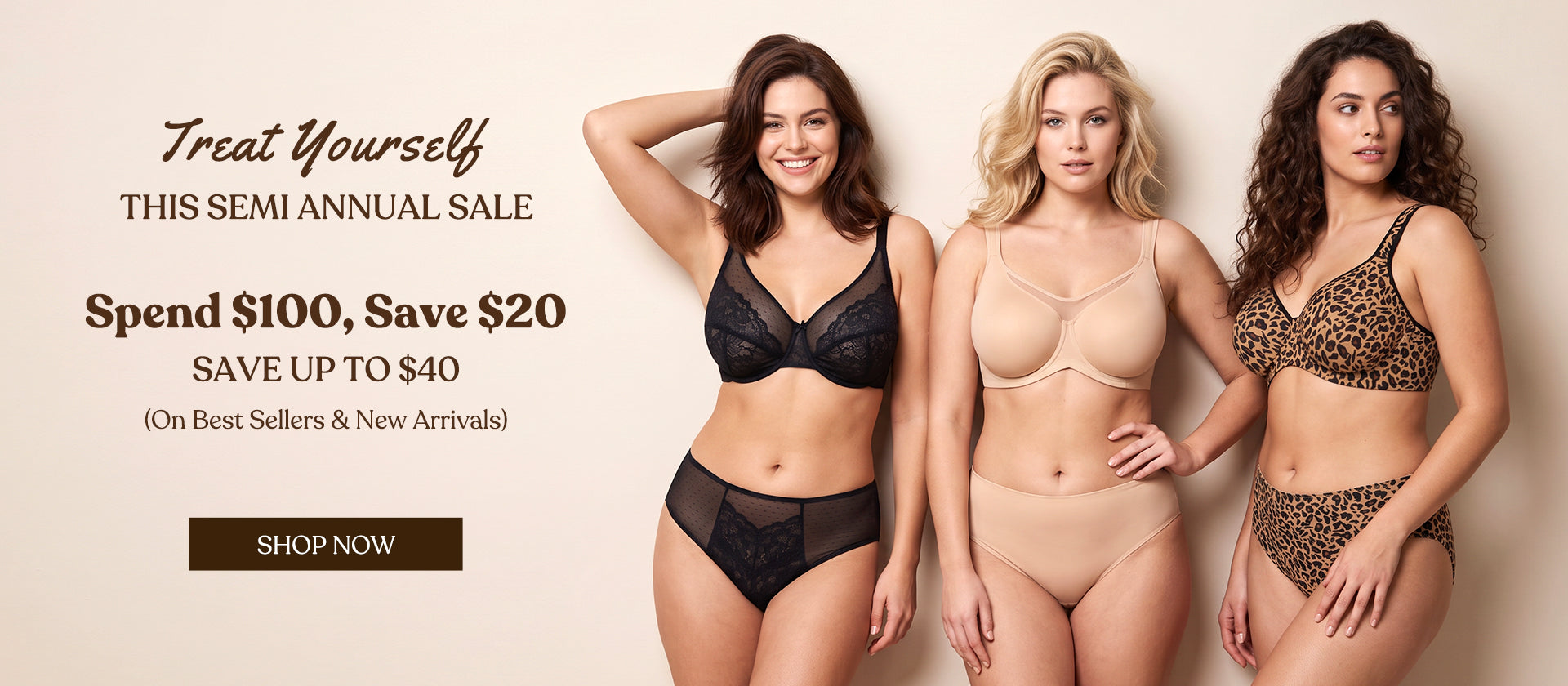 hsia Semi-Annual Sale key visual: three models wearing black lace, nude, and leopard print bra sets, announcing the September 5 launch with spend 100, save 20 on best sellers and new arrivals.