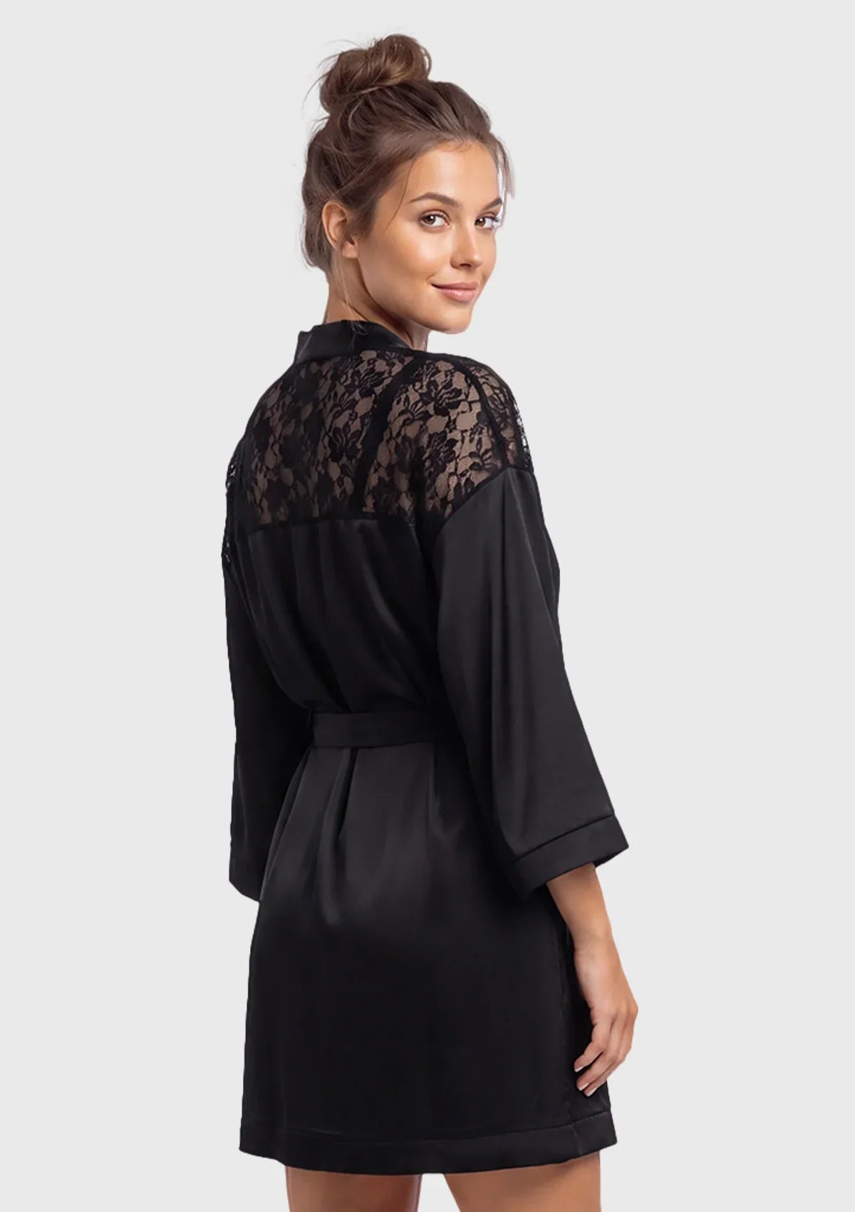 Lace Robe Short Kimono Wrap with Shawl Collar & Self-Tie Belt - HSIA