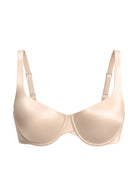  3D flat lay of the HSIA light beige satin everyday bra, detailing the bandless design and premium shimmer fabric.