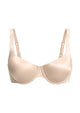  3D flat lay of the HSIA light beige satin everyday bra, detailing the bandless design and premium shimmer fabric.