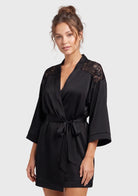 Lace Robe Short Kimono Wrap with Shawl Collar & Self-Tie Belt - HSIA