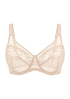 3D studio shot of the HSIA light beige Ophelia lace bra, detailing the expensive heavy-stitch floral embroidery and upgraded cradle support.