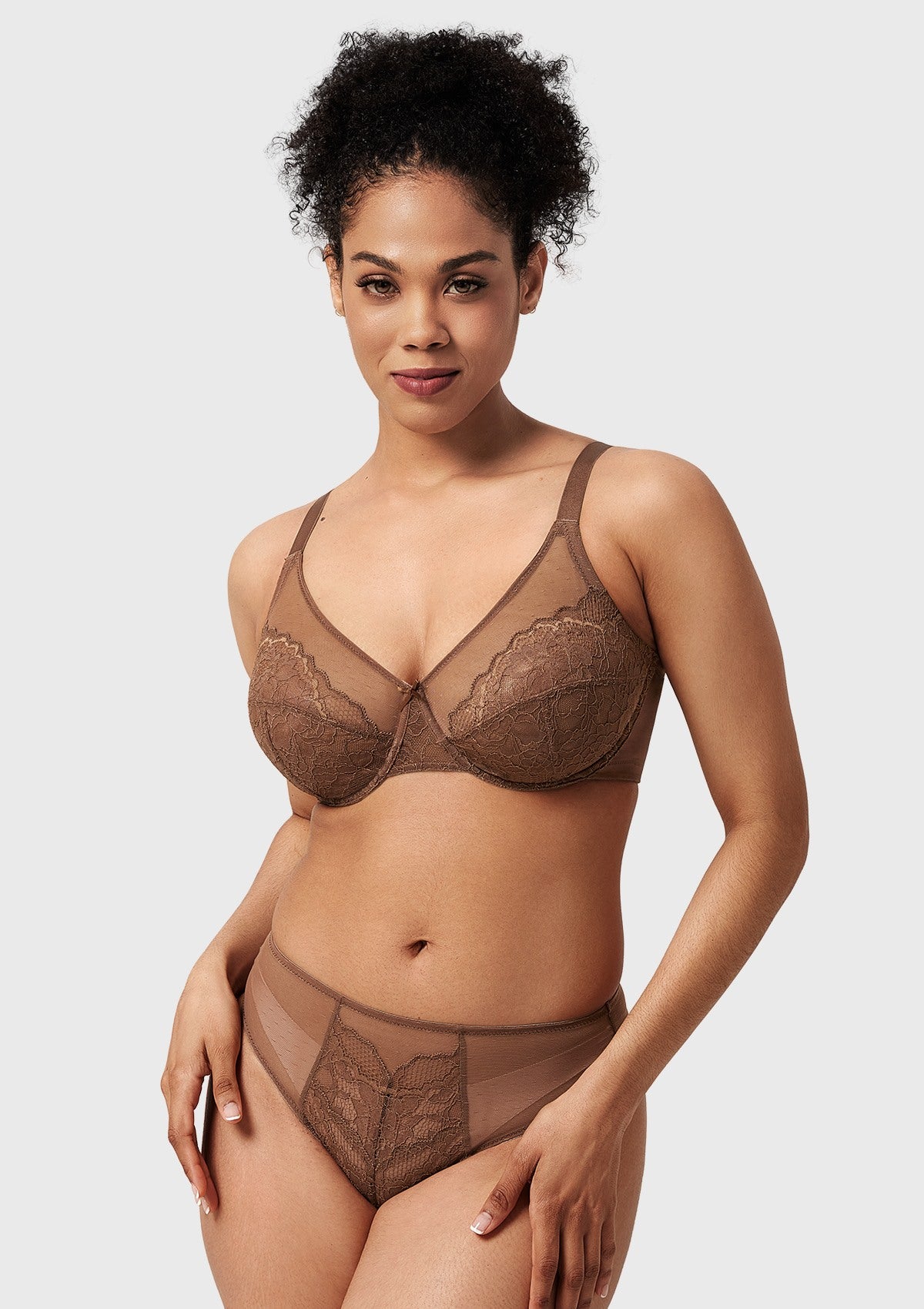 (Cardi B recommends)Enchante Cocoa Brown Lace Unlined Full Coverage Underwire Bra - HSIA