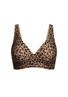 A leopard print bralette with a deep V-neckline, featuring a tan and brown base with black leopard spots, shown against a plain white background.