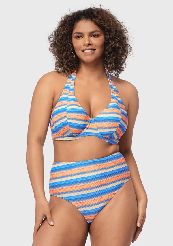 Multi Colored Striped Textured Halter Bikini Set