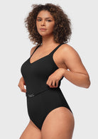 V-Neck Chain Trim One-Piece Swimwear - HSIA