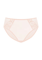 Studio flat lay of the HSIA Pearl Shimmer high waist panty in Rose Cloud, featuring a seamless full coverage design and breathable stretch mesh for all-day comfort.