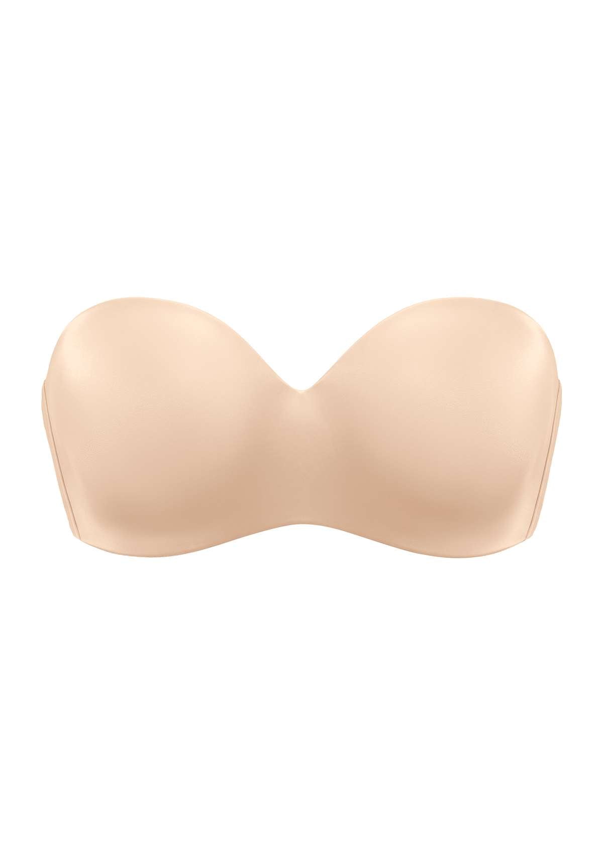 High-resolution 3D shot of the best nude strapless bra for a heavy bust, highlighting the invisible one-piece molded cup and eco-friendly double-stretch fabric.