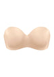 High-resolution 3D shot of the best nude strapless bra for a heavy bust, highlighting the invisible one-piece molded cup and eco-friendly double-stretch fabric.