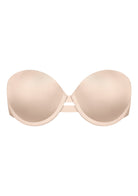 3D detailed view of the almond skin Juliette silicone-free bandless strapless bra, highlighting the breathable air-hole cups and zero-pressure underwire design.