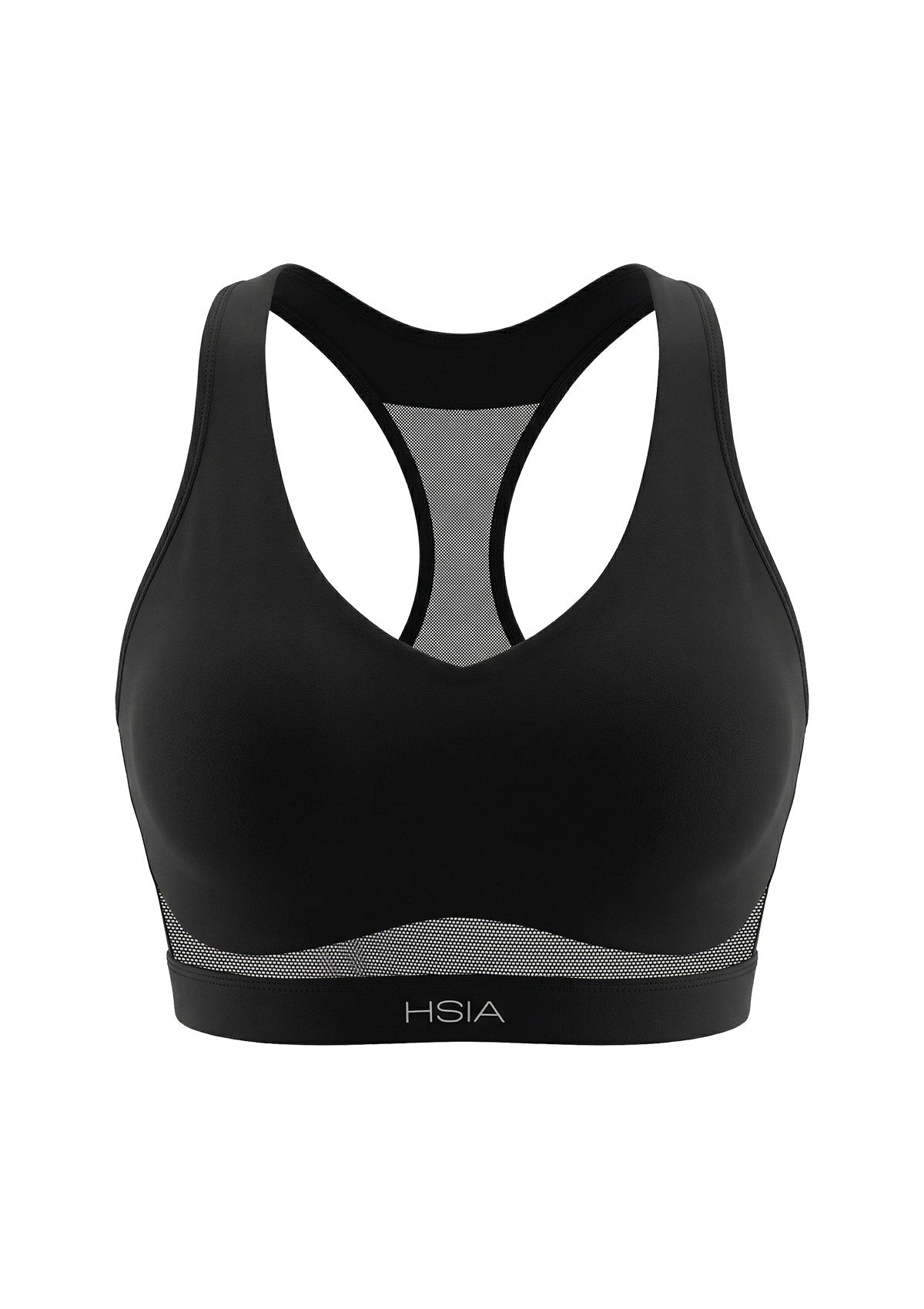 3D studio shot of the black Aura V-neck racerback sports bra FYT0224 showing full coverage design
