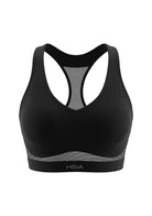 3D studio shot of the black Aura V-neck racerback sports bra FYT0224 showing full coverage design