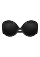 3D flat lay of the black Juliette bandless seamless push up strapless bra, featuring a silicone-free perforated tech grip and an elegant center cutout for ultimate comfort.