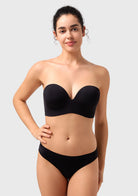 Front view of the black strapless bra, the perfect reliable bra for off the shoulder dress and elegant evening wear.