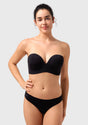 Front view of the black strapless bra, the perfect reliable bra for off the shoulder dress and elegant evening wear.