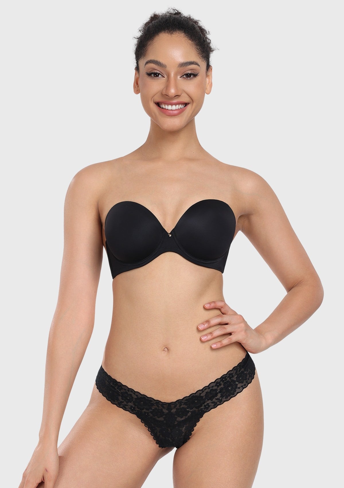 Front view of the black strapless bra, offering elegant lift and secure containment as the perfect bra for off the shoulder dress and evening wear.