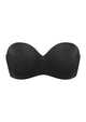 3D flat lay of the black Breya seamless strapless bra, featuring a silicone-free tech-grip and heavy-duty lift tailored for large breasts.