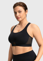 Comfortable and secure side fit of the black moisture-wicking sports bra FYT0225