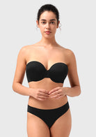 Front view of the black seamless push-up strapless bra, providing an elegant and invisible lift perfect for evening wear and party dresses.