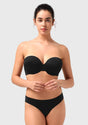 Front view of the black seamless push-up strapless bra, providing an elegant and invisible lift perfect for evening wear and party dresses.