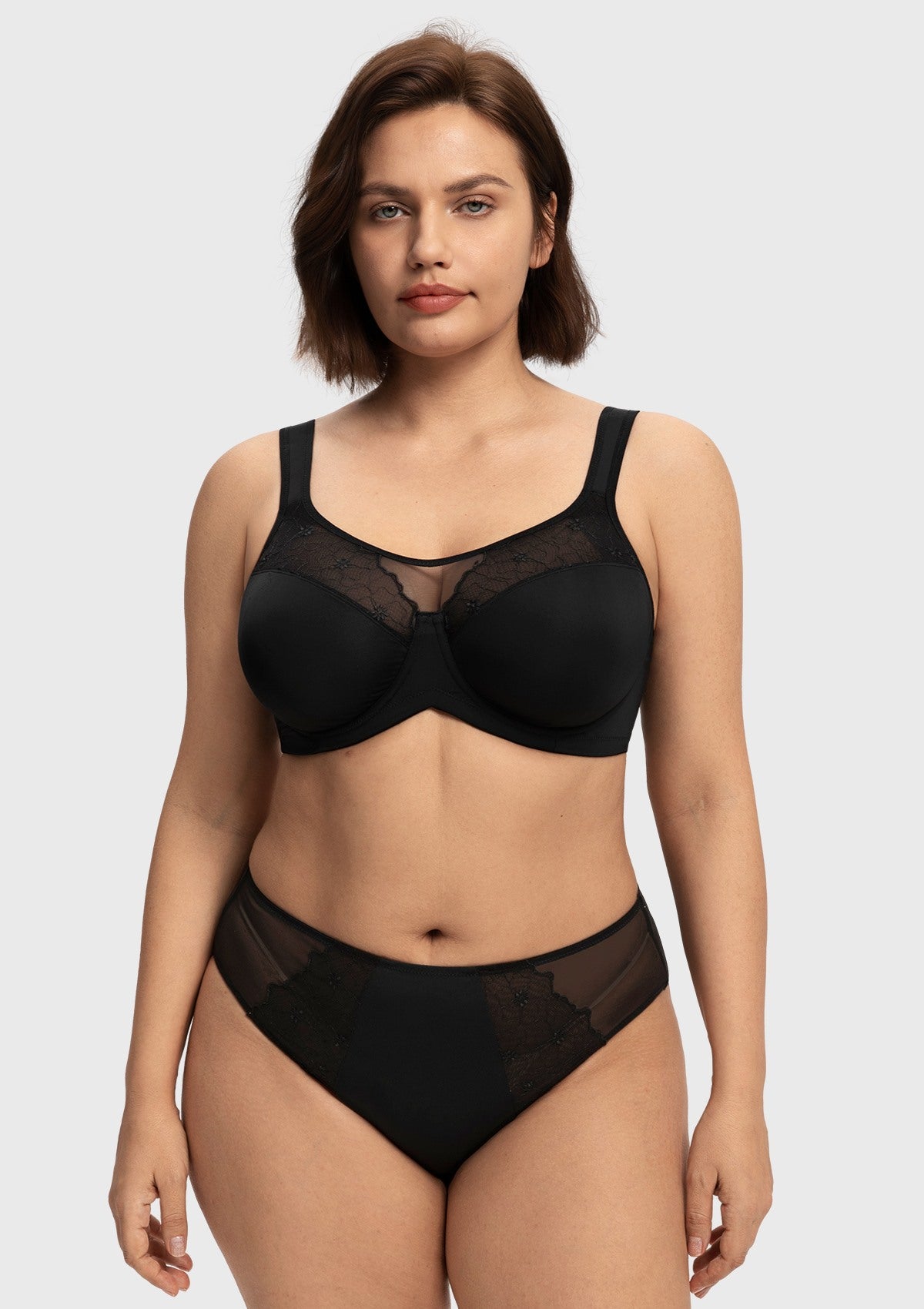 Front view of the black sexy lace full coverage bra, providing the romantic look of lace with the heavy-duty support needed for C to I cups.