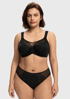 Front view of the black sexy lace full coverage bra, providing the romantic look of lace with the heavy-duty support needed for C to I cups.