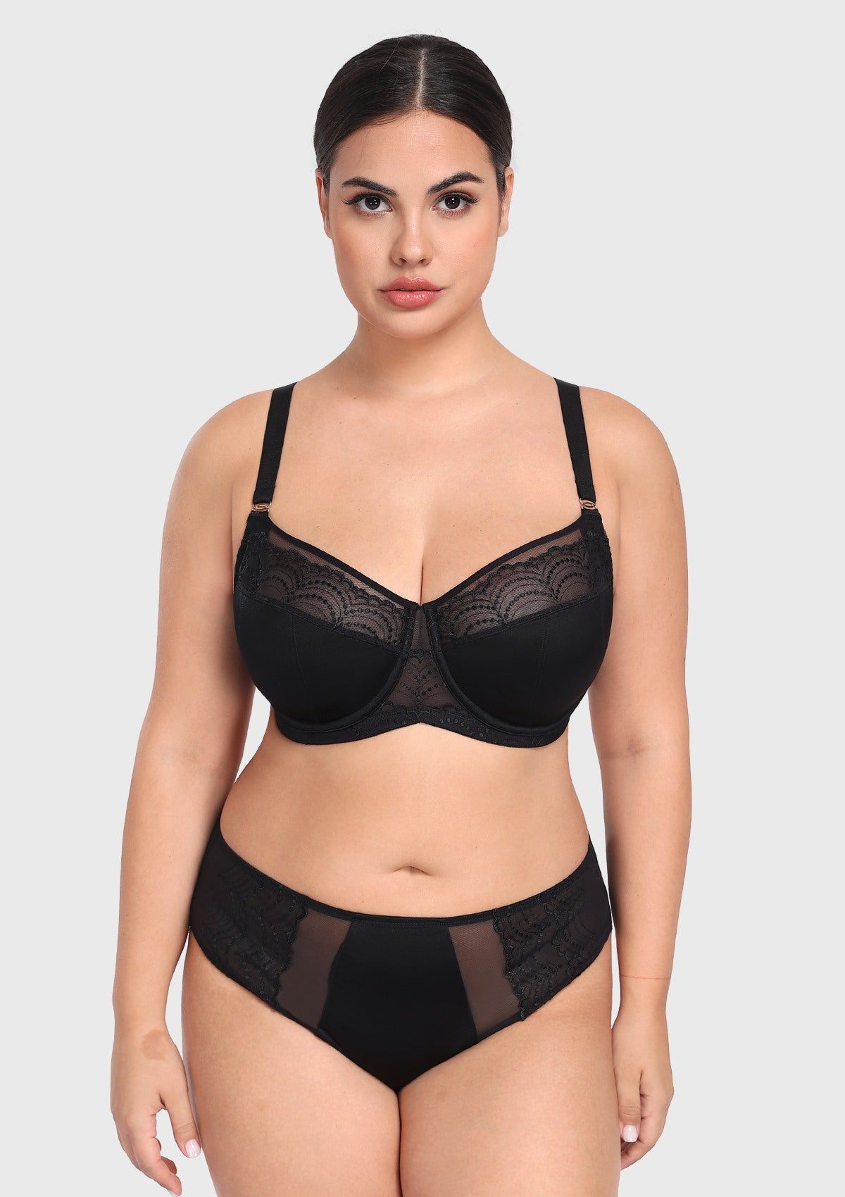 Front view of the black sexy unlined balconette bra, delivering heavy-duty support and French-inspired lace elegance for C to I cups.