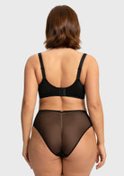 Back view of the black plus size lace bra, showing the secure multi-row hook closure that intentionally scales up for bounce-free stability.