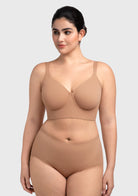Front view of the rich caramel seamless minimizer bra, offering reliable support and a beautiful shape for heavy breasts